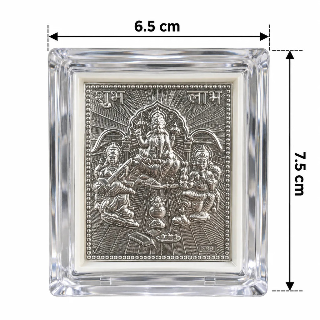 Marvel Silver Ganesh Lakshmi Silver Religious Frame Set of 4 Featuring Four Devotional Photo Frames with Lord Ganesha and Goddess Lakshmi Engravings in Transparent Tabletop Display Cases