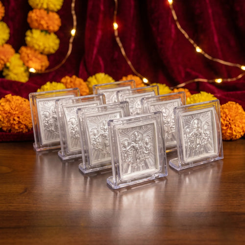 Marvel Silver Ganesh Lakshmi Silver Religious Frame Set of 8 with Detailed Lord Ganesha and Goddess Lakshmi Engravings in Transparent Tabletop Display Cases