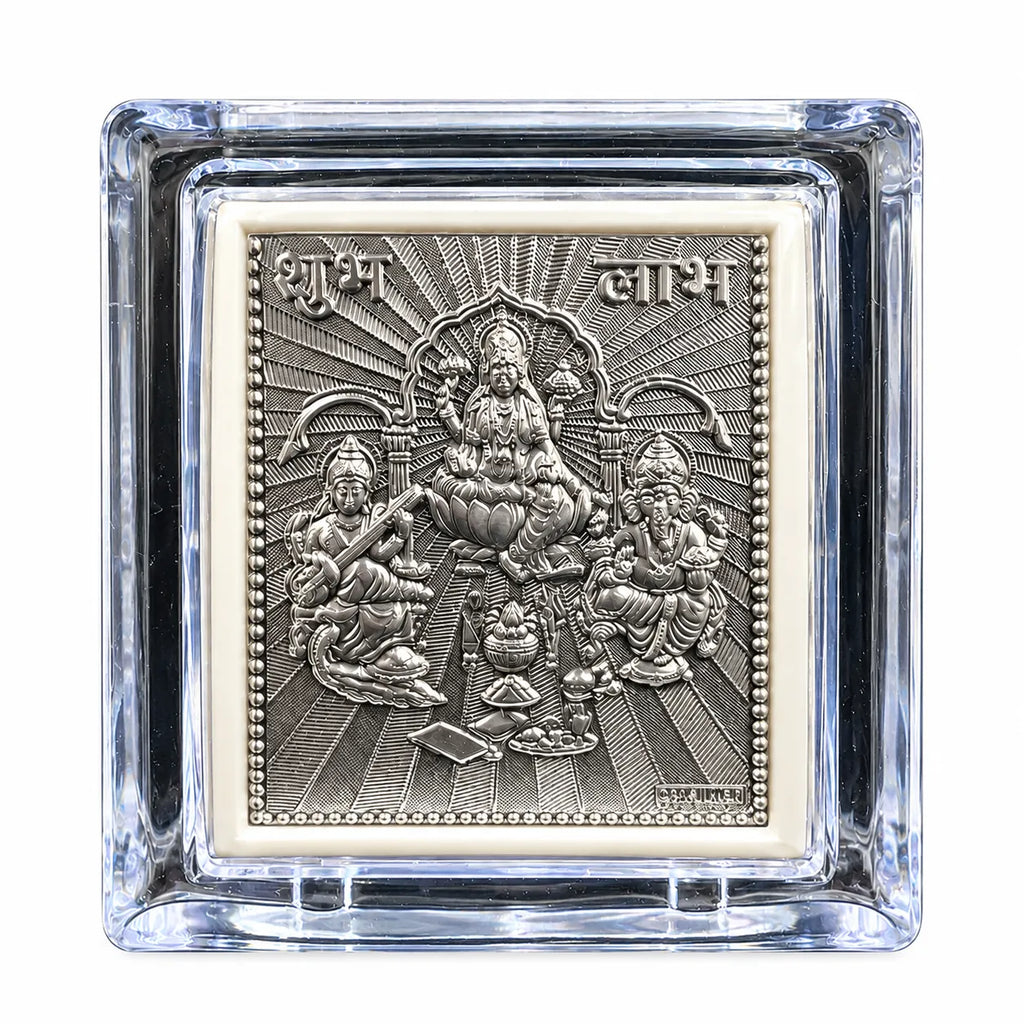 Marvel Silver Ganesh Lakshmi Silver Religious Frame Set of 8 with Detailed Lord Ganesha and Goddess Lakshmi Engravings in Transparent Tabletop Display Cases