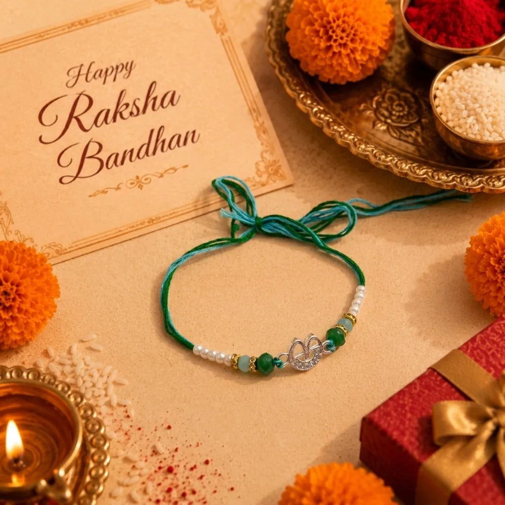 Marvel Silver Ganesh Silver Rakhi with Green Crystal Beads, White Pearl Beads and Sparkling Stones for Raksha Bandhan