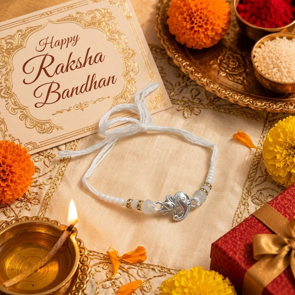 Marvel Silver Ganesh Silver Rakhi with White Crystal Beads, White Pearl Beads and Premium Silver Ganesh-Inspired Charm for Raksha Bandhan