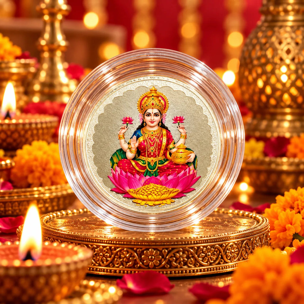 Marvel Silver Goddess Lakshmi Silver Coin with Colourful Maa Lakshmi Design Seated on Pink Lotus in Transparent Protective Capsule