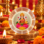 Marvel Silver Goddess Lakshmi Silver Coin with Colourful Maa Lakshmi Design Seated on Pink Lotus in Transparent Protective Capsule