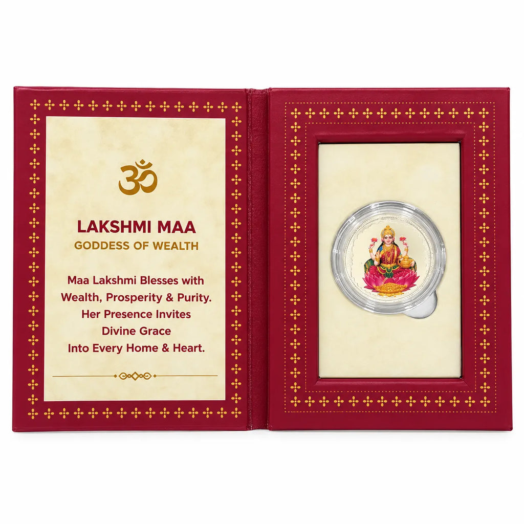Marvel Silver Goddess Lakshmi Silver Coin with Colourful Maa Lakshmi Design Seated on Pink Lotus in Transparent Protective Capsule