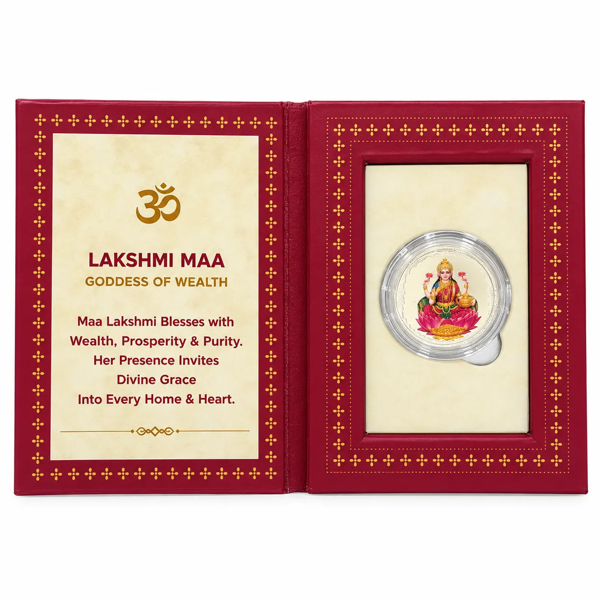 Marvel Silver Goddess Lakshmi Silver Coin with Colourful Maa Lakshmi Design Seated on Pink Lotus in Transparent Protective Capsule