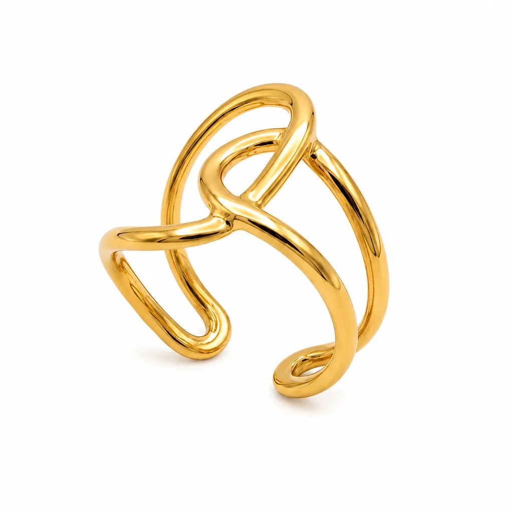 Marvel Silver gold-plated abstract open adjustable ring for women and girls featuring a sleek minimalist curved design with a premium polished finish, perfect for daily wear, office, parties, and special occasions.