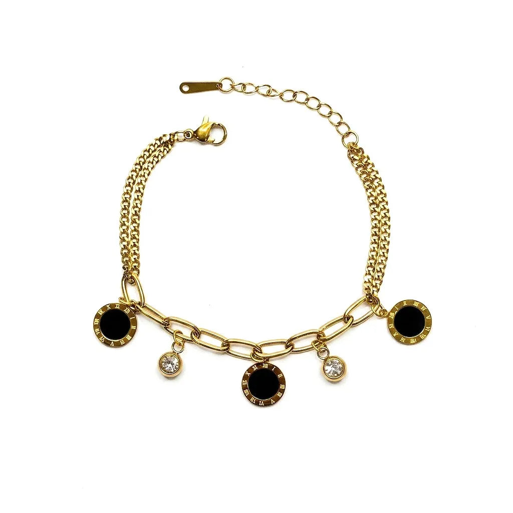 Marvel Silver gold-plated bracelet featuring black enamel round charms, sparkling crystal accents, a stylish link chain, and an adjustable extension chain for women and girls, perfect for everyday wear, parties, weddings, festive occasions, and gifting.