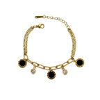Marvel Silver gold-plated bracelet featuring black enamel round charms, sparkling crystal accents, a stylish link chain, and an adjustable extension chain for women and girls, perfect for everyday wear, parties, weddings, festive occasions, and gifting.