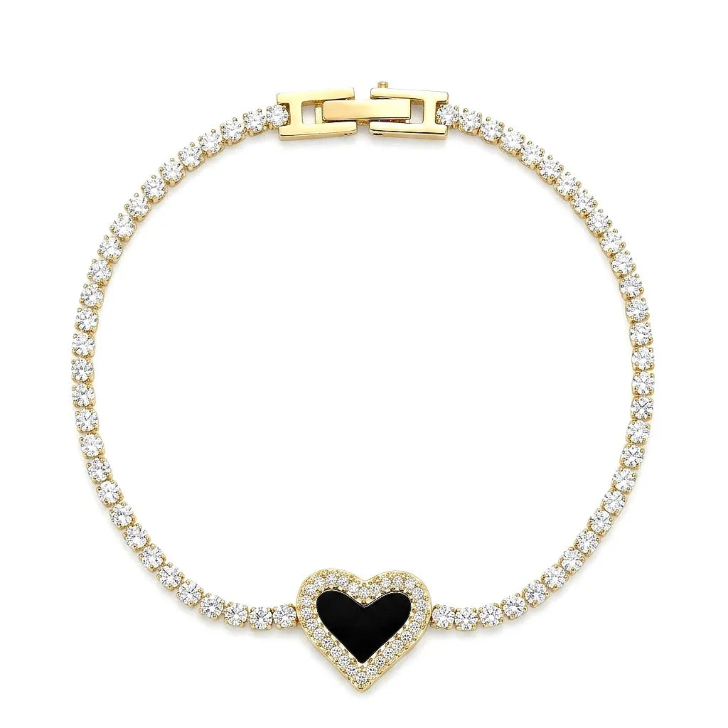 Marvel Silver gold-plated tennis bracelet featuring sparkling crystal stones, a black heart centerpiece with crystal detailing, and a secure box clasp, designed for women and girls for parties, weddings, festive occasions, daily wear, and gifting.