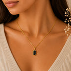 Marvel Silver gold-plated black stone rectangular chain pendant for women and girls with a minimalist geometric design and premium polished finish.