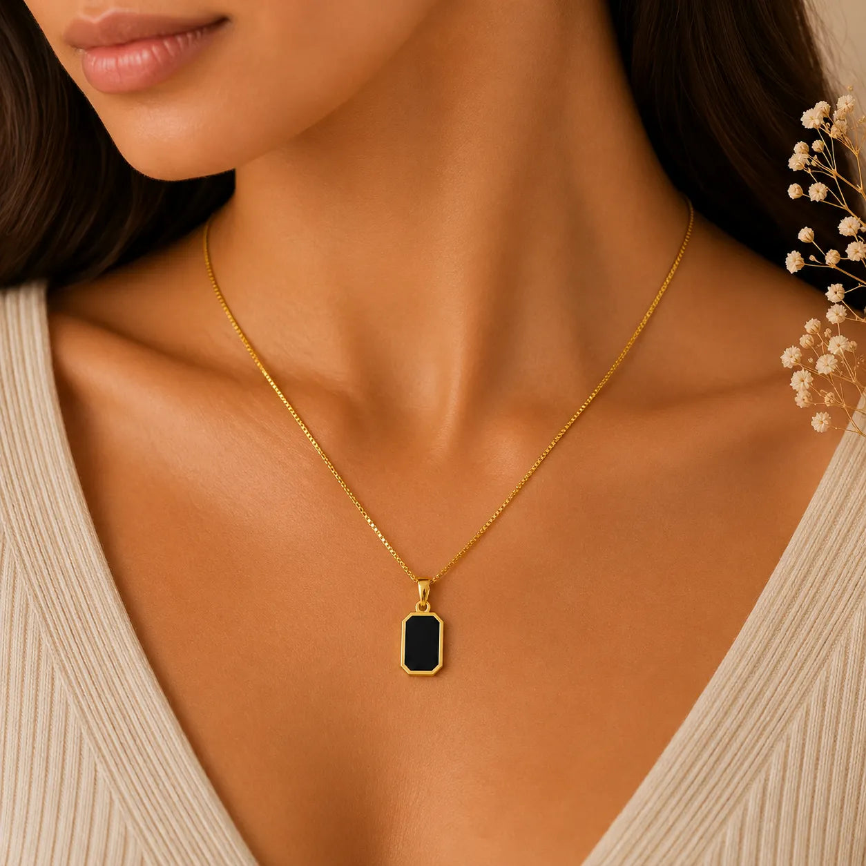 Marvel Silver gold-plated black stone rectangular chain pendant for women and girls with a minimalist geometric design and premium polished finish.