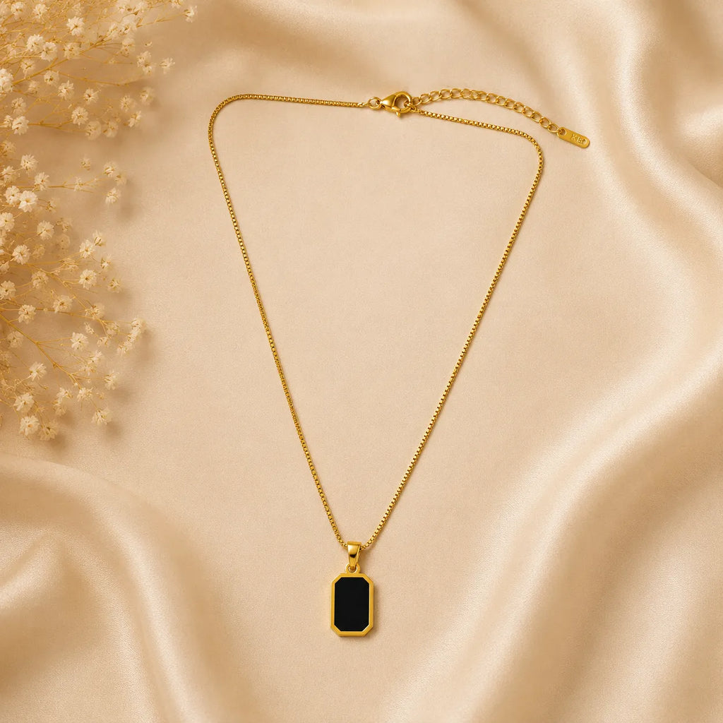 Marvel Silver gold-plated black stone rectangular chain pendant for women and girls with a minimalist geometric design and premium polished finish.
