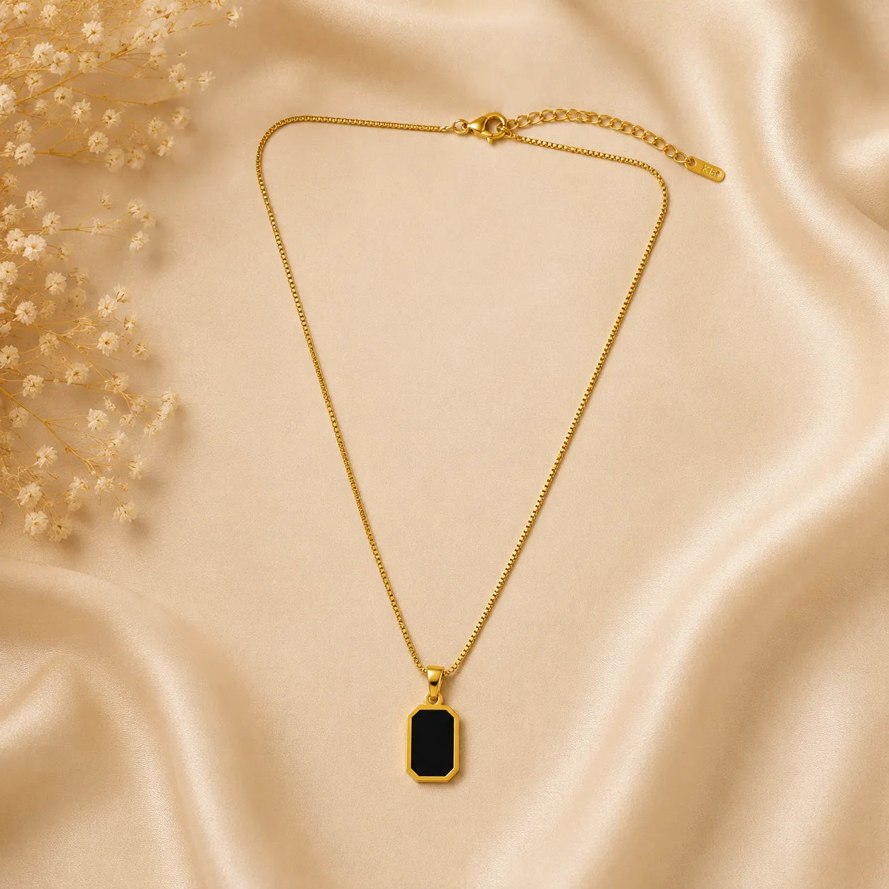 Marvel Silver gold-plated black stone rectangular chain pendant for women and girls with a minimalist geometric design and premium polished finish.