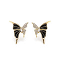 Gold plated butterfly stud earrings with black enamel and crystal stones by Marvel Silver