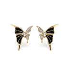 Gold plated butterfly stud earrings with black enamel and crystal stones by Marvel Silver