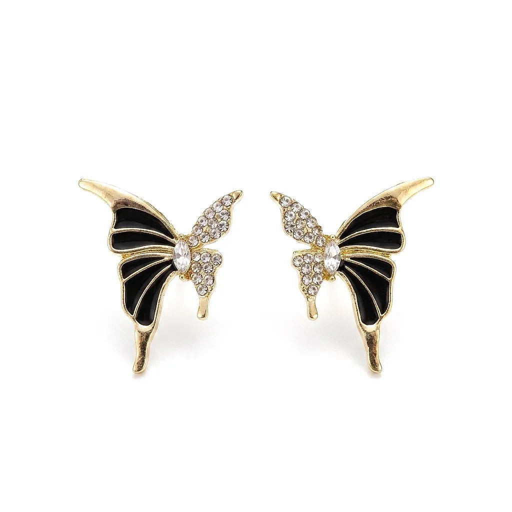 Gold plated butterfly stud earrings with black enamel and crystal stones by Marvel Silver