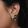 Gold plated butterfly stud earrings with black enamel and crystal stones by Marvel Silver