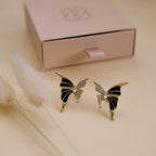 Gold plated butterfly stud earrings with black enamel and crystal stones by Marvel Silver