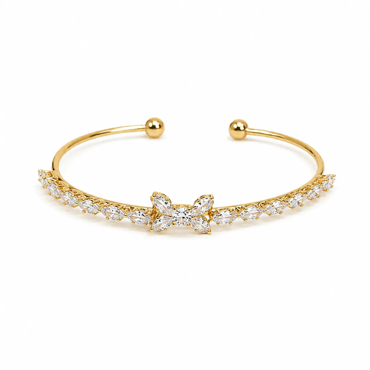 Marvel Silver gold-plated open cuff kada featuring sparkling marquise-cut cubic zirconia stones with an elegant floral centerpiece, designed for women and girls, perfect for weddings, parties, festive occasions, daily wear, and gifting.