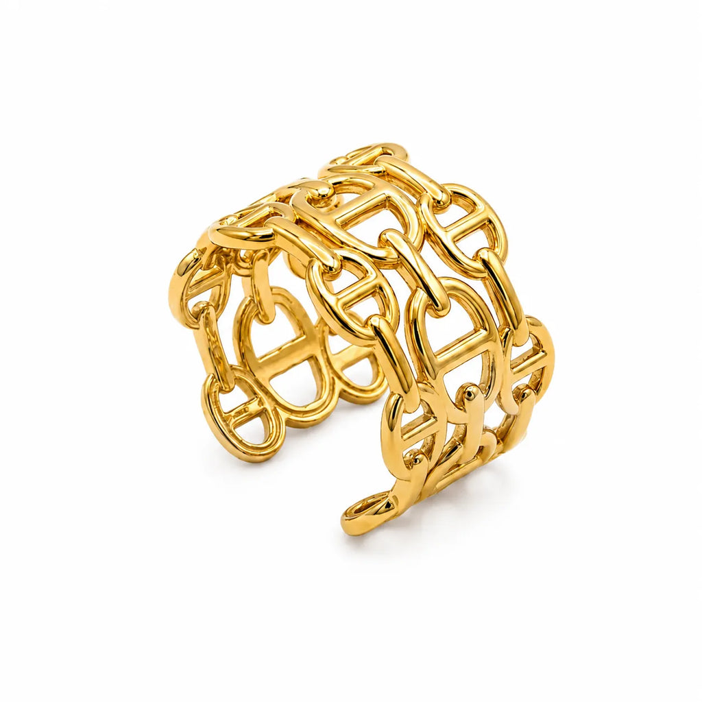 Marvel Silver gold-plated chain link adjustable statement ring for women and girls featuring an interlocking chain-inspired design with a premium polished finish.