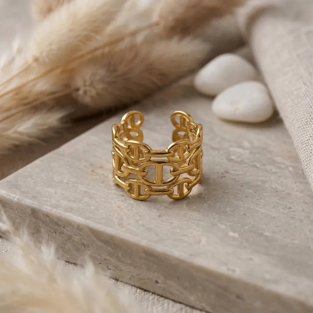 Marvel Silver gold-plated chain link adjustable statement ring for women and girls featuring an interlocking chain-inspired design with a premium polished finish.