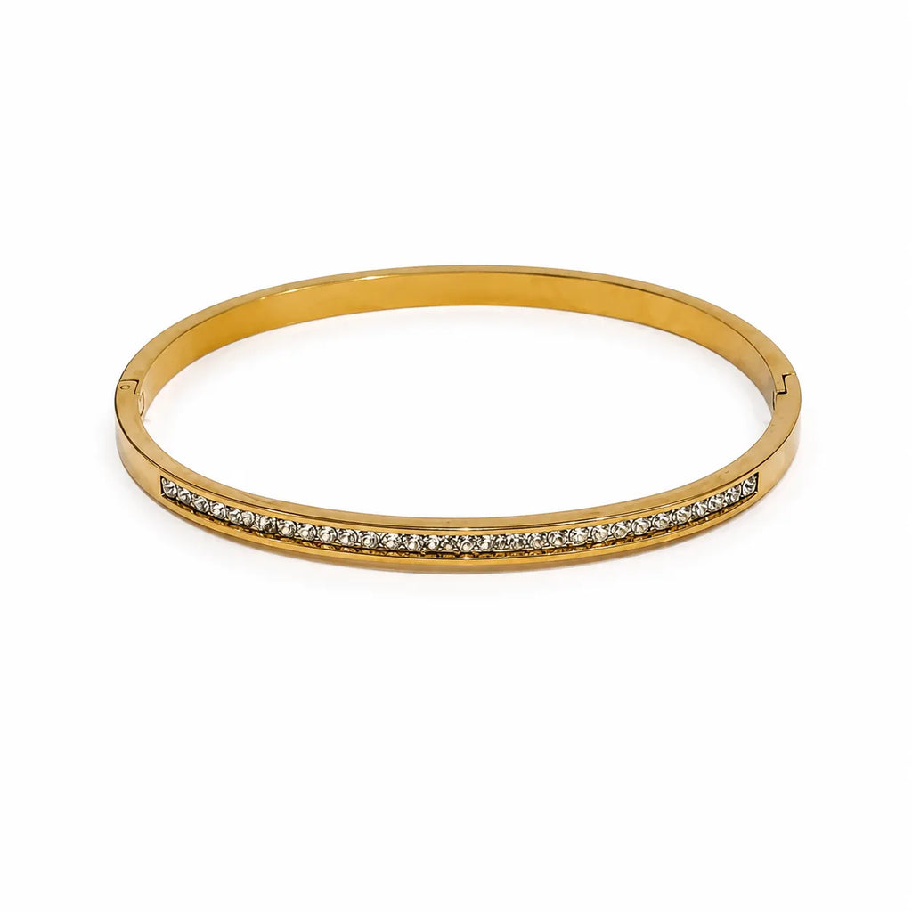 Marvel Silver gold-plated slim crystal kada bracelet for women and girls featuring a sleek minimalist design with sparkling crystal stone detailing and a secure hinged closure, ideal for daily wear, office, parties, weddings, festive occasions, and gifting.
