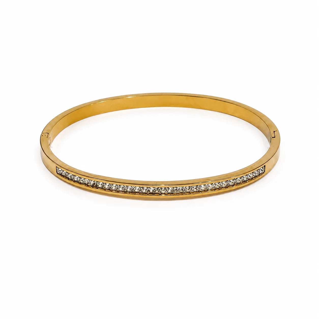 Marvel Silver gold-plated slim crystal kada bracelet for women and girls featuring a sleek minimalist design with sparkling crystal stone detailing and a secure hinged closure, ideal for daily wear, office, parties, weddings, festive occasions, and gifting.