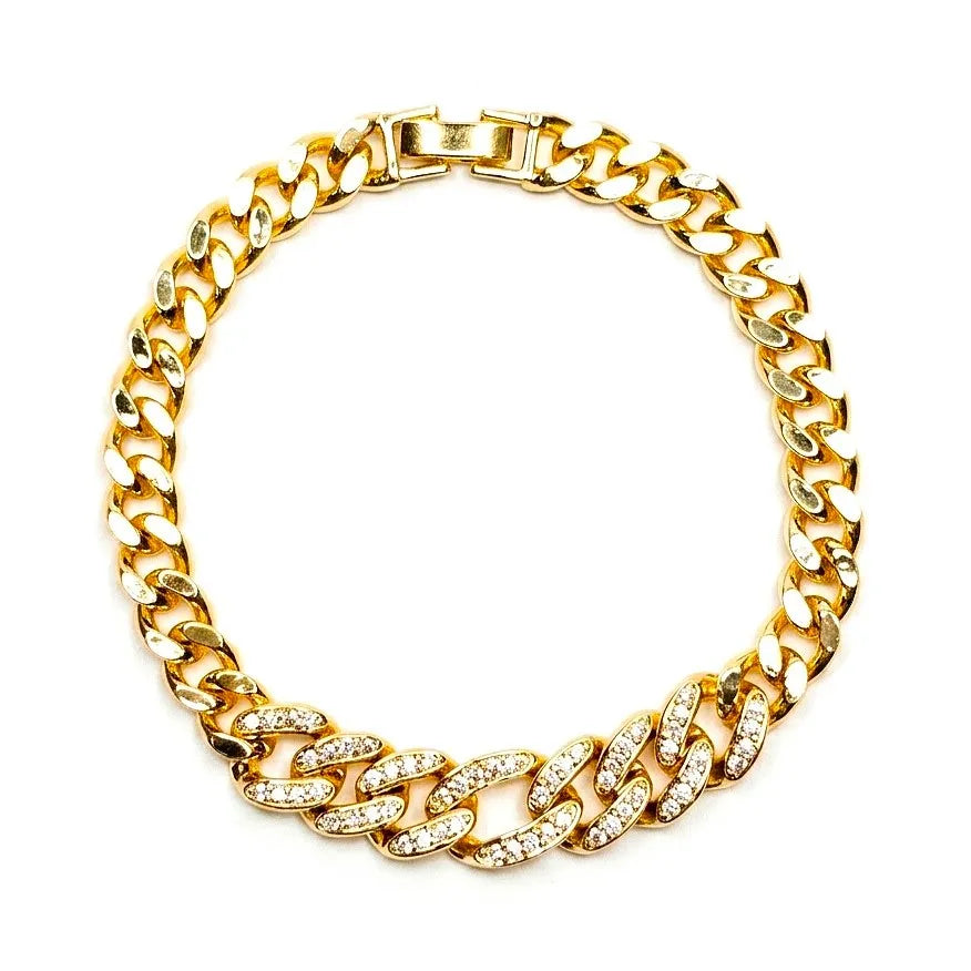 Marvel Silver gold-plated Cuban link bracelet for women and girls featuring sparkling crystal-studded links, a secure clasp, and a premium polished finish, perfect for everyday wear, parties, and special occasions.