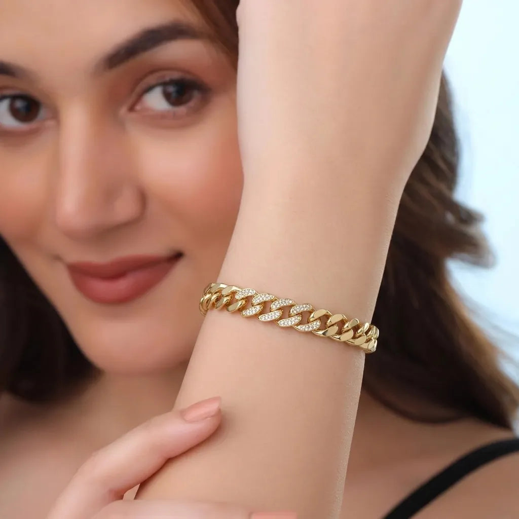 Marvel Silver gold-plated Cuban link bracelet for women and girls featuring sparkling crystal-studded links, a secure clasp, and a premium polished finish, perfect for everyday wear, parties, and special occasions.