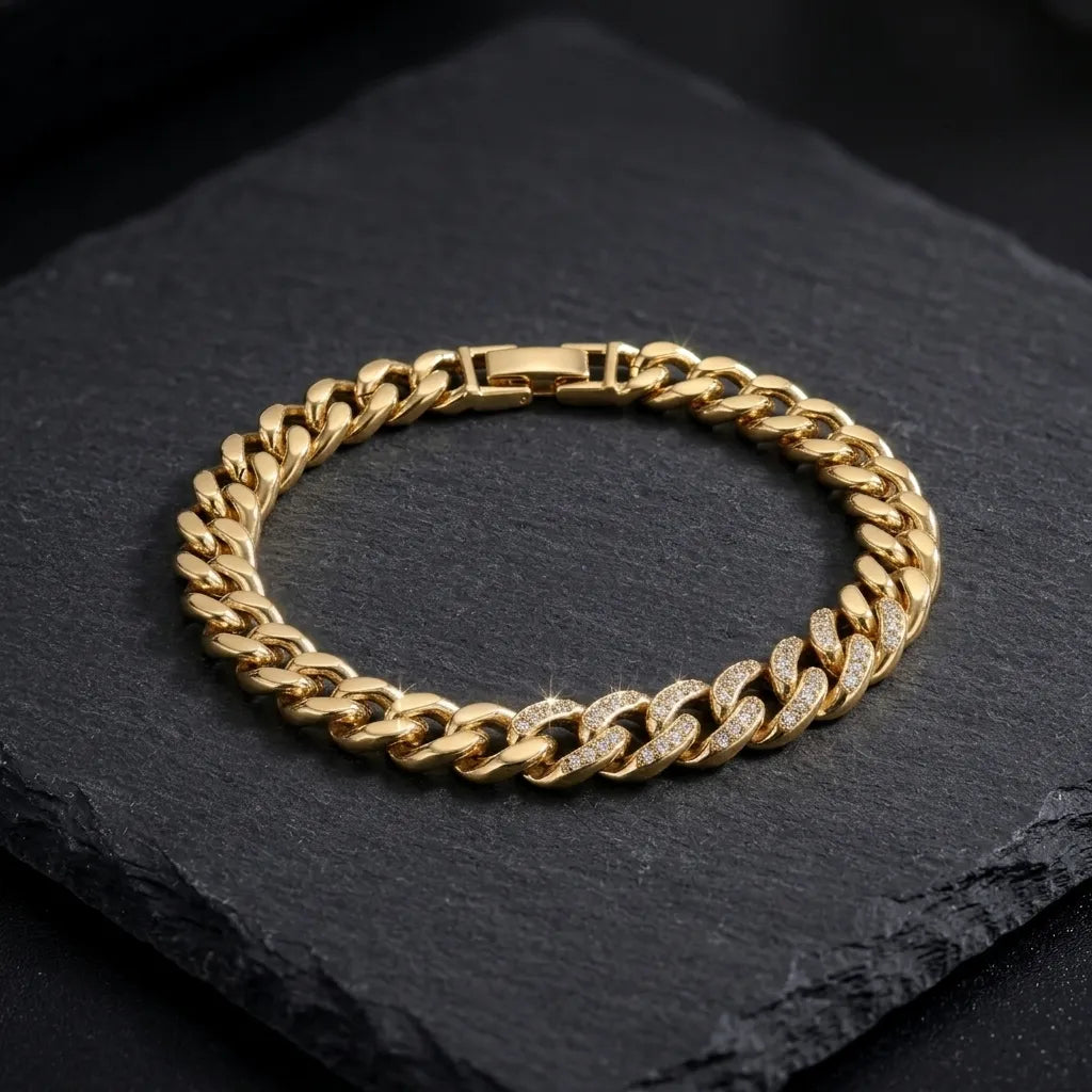 Marvel Silver gold-plated Cuban link bracelet for women and girls featuring sparkling crystal-studded links, a secure clasp, and a premium polished finish, perfect for everyday wear, parties, and special occasions.