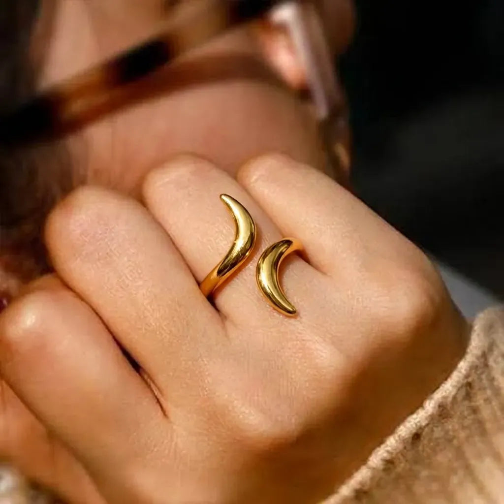 Marvel Silver gold-plated double horn adjustable ring for women and girls featuring an elegant open-ended curved design with a polished finish and modern minimalist style.