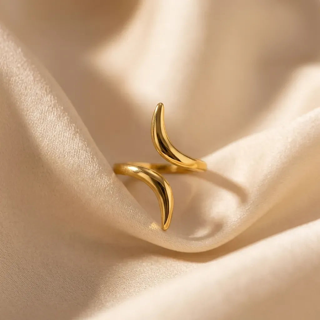 Marvel Silver gold-plated double horn adjustable ring for women and girls featuring an elegant open-ended curved design with a polished finish and modern minimalist style.