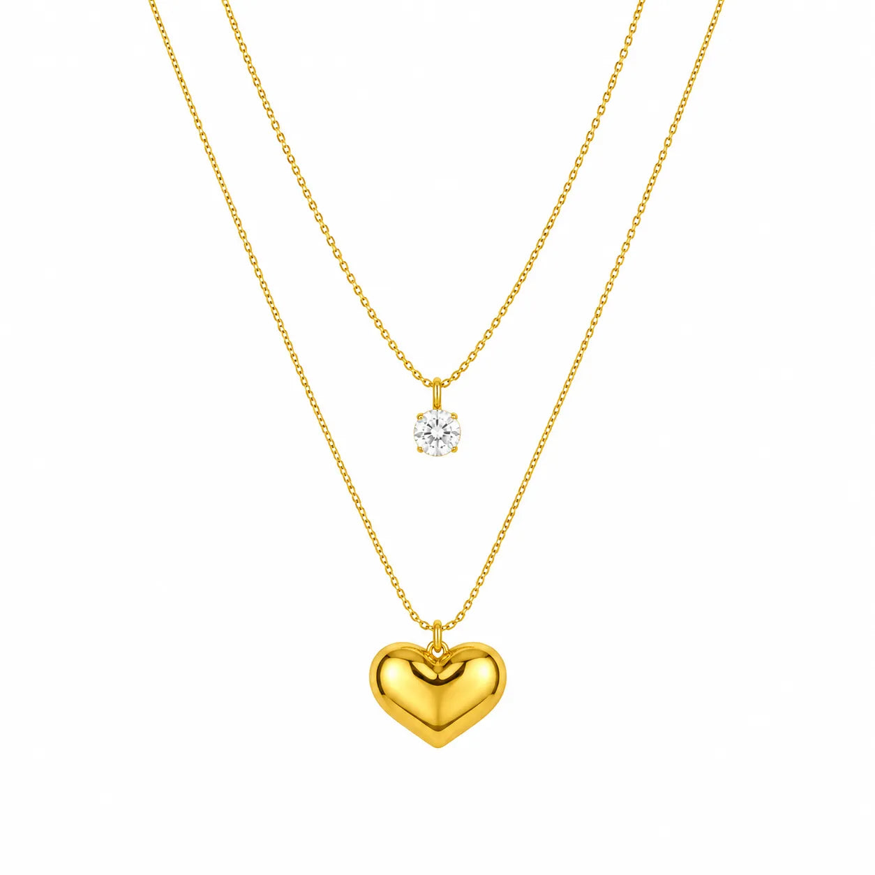 Marvel Silver gold-plated double layer heart chain pendant for women and girls featuring a sparkling solitaire crystal on the upper chain and a polished heart pendant with a premium gold finish.