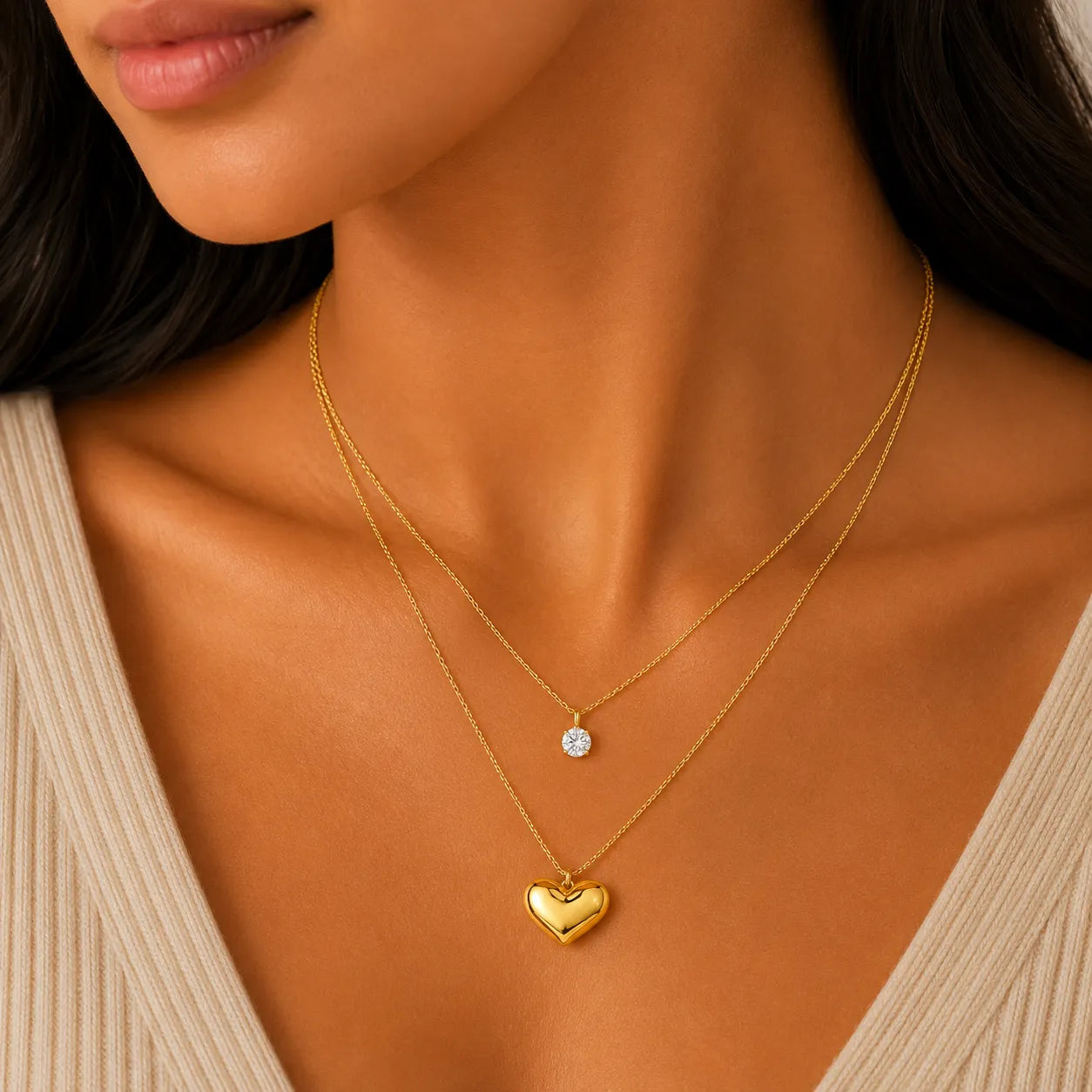 Marvel Silver gold-plated double layer heart chain pendant for women and girls featuring a sparkling solitaire crystal on the upper chain and a polished heart pendant with a premium gold finish.