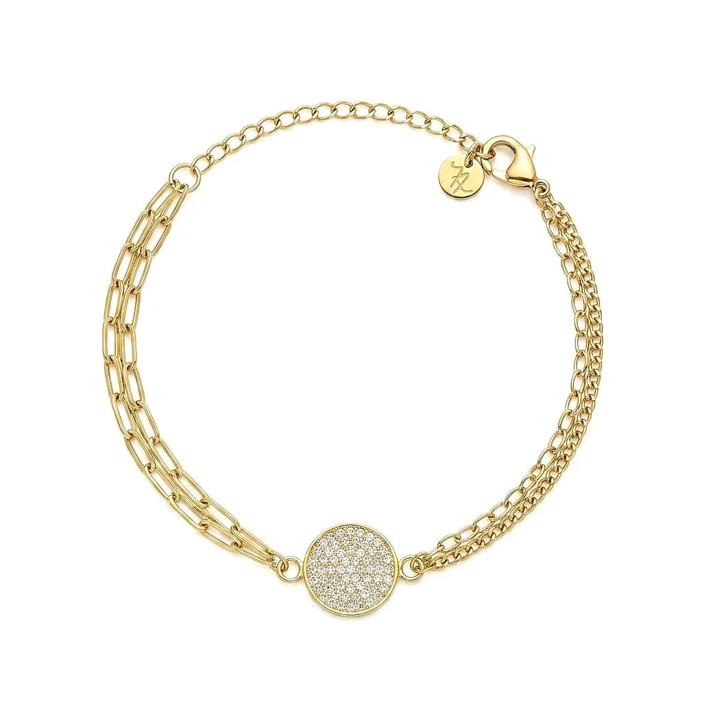 Marvel Silver gold-plated dual chain bracelet featuring a sparkling pavé crystal round charm with an adjustable extension chain, designed for women and girls for daily wear, parties, weddings, festive occasions, and gifting.