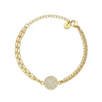 Marvel Silver gold-plated dual chain bracelet featuring a sparkling pavé crystal round charm with an adjustable extension chain, designed for women and girls for daily wear, parties, weddings, festive occasions, and gifting.
