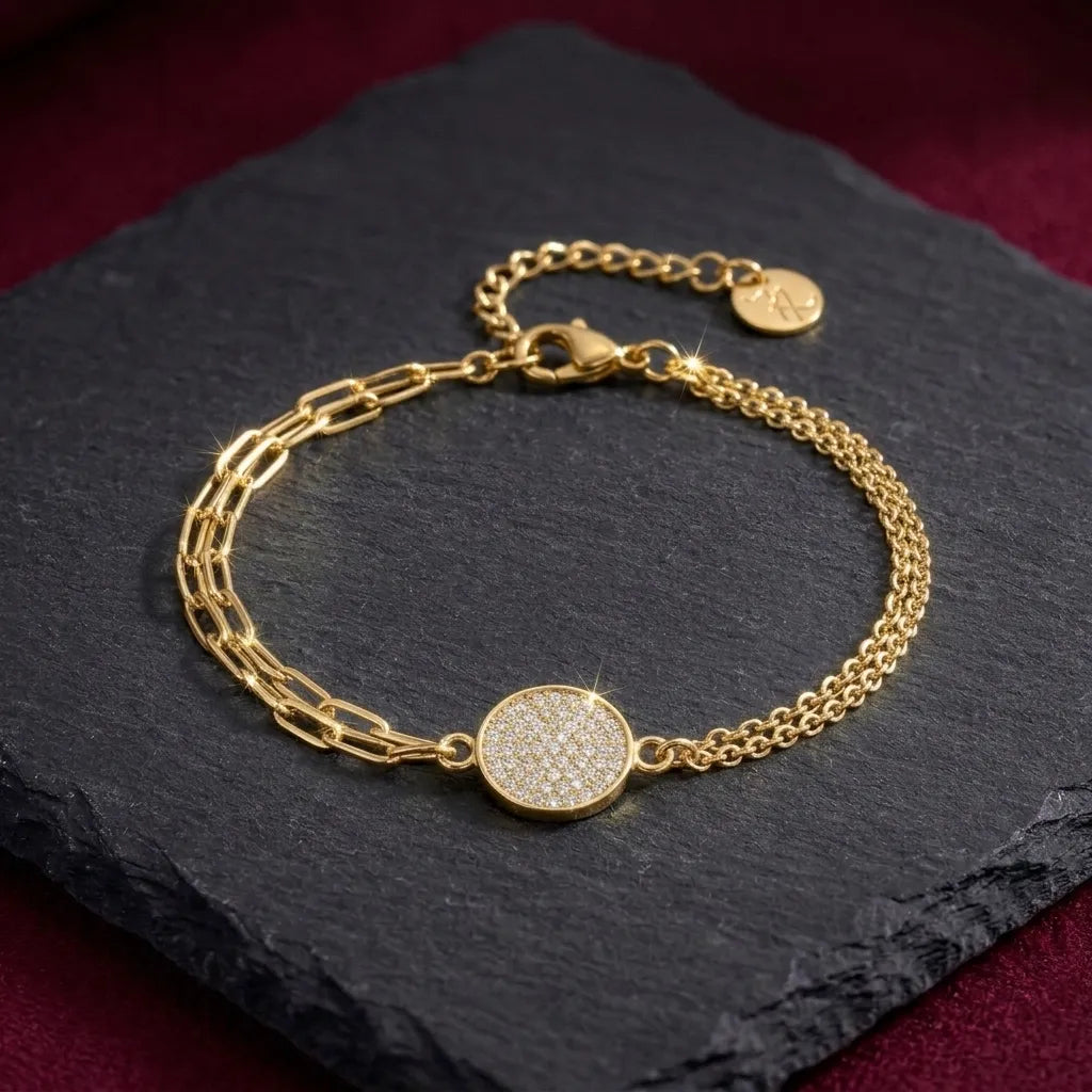 Marvel Silver gold-plated dual chain bracelet featuring a sparkling pavé crystal round charm with an adjustable extension chain, designed for women and girls for daily wear, parties, weddings, festive occasions, and gifting.