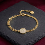 Marvel Silver gold-plated dual chain bracelet featuring a sparkling pavé crystal round charm with an adjustable extension chain, designed for women and girls for daily wear, parties, weddings, festive occasions, and gifting.