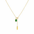 Marvel Silver gold-plated emerald green stone chain pendant for women and girls featuring an adjustable lariat chain with a rectangular green crystal charm and elegant gold bar drop.