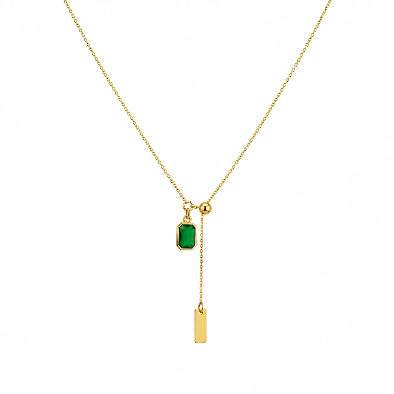Marvel Silver gold-plated emerald green stone chain pendant for women and girls featuring an adjustable lariat chain with a rectangular green crystal charm and elegant gold bar drop.