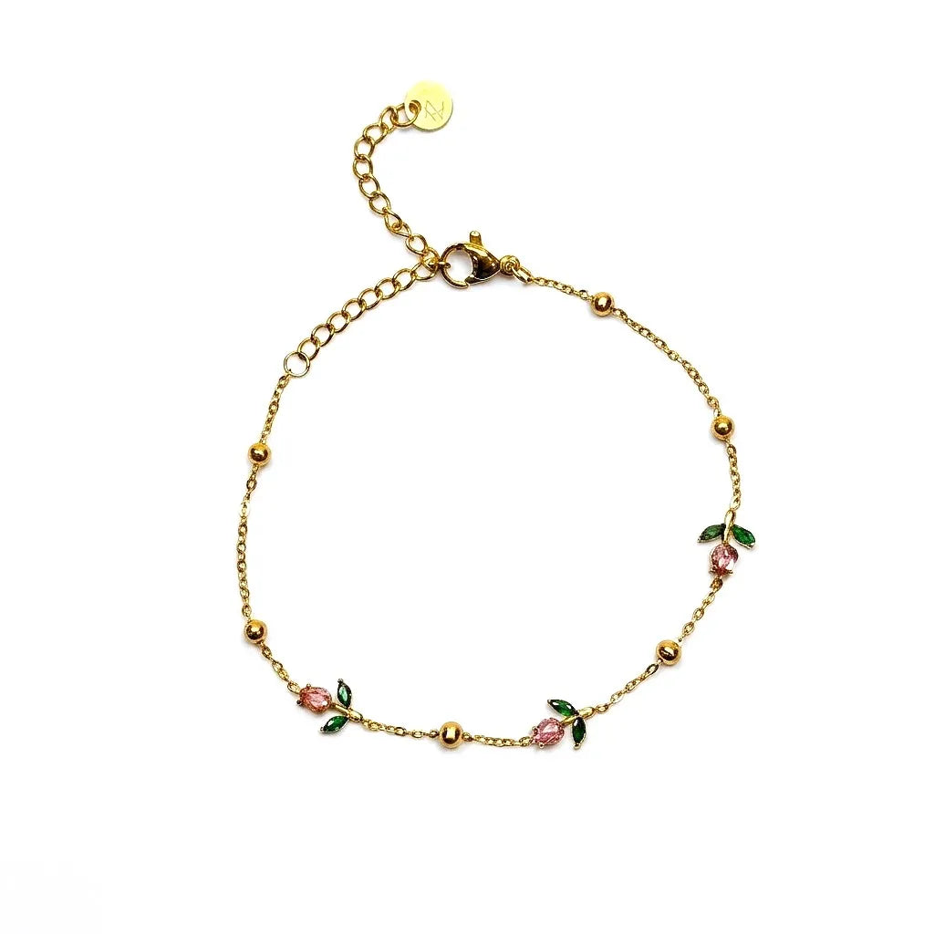 Marvel Silver gold-plated bracelet featuring delicate pink floral charms, green leaf accents, gold bead detailing, and an adjustable chain for women and girls, ideal for everyday wear, parties, weddings, festive occasions, and gifting.