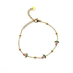 Marvel Silver gold-plated bracelet featuring delicate pink floral charms, green leaf accents, gold bead detailing, and an adjustable chain for women and girls, ideal for everyday wear, parties, weddings, festive occasions, and gifting.