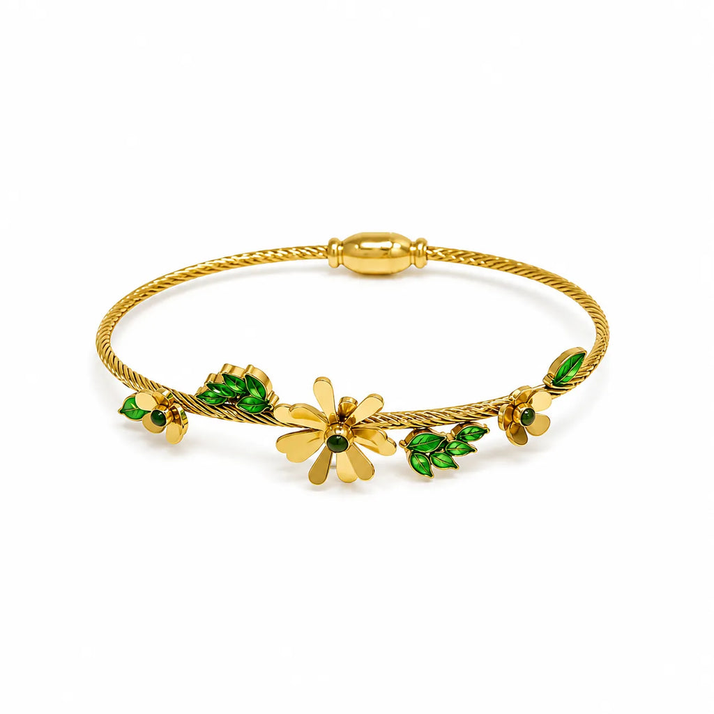 Marvel Silver gold-plated floral leaf designer kada featuring elegant flower motifs, green enamel leaves, and a premium twisted wire band with a secure magnetic clasp, perfect for women and girls for weddings, parties, festive occasions, daily wear, and gifting.