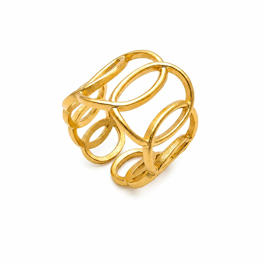 Marvel Silver gold-plated geometric adjustable ring for women and girls featuring an elegant openwork oval design with a polished finish and comfortable adjustable band.