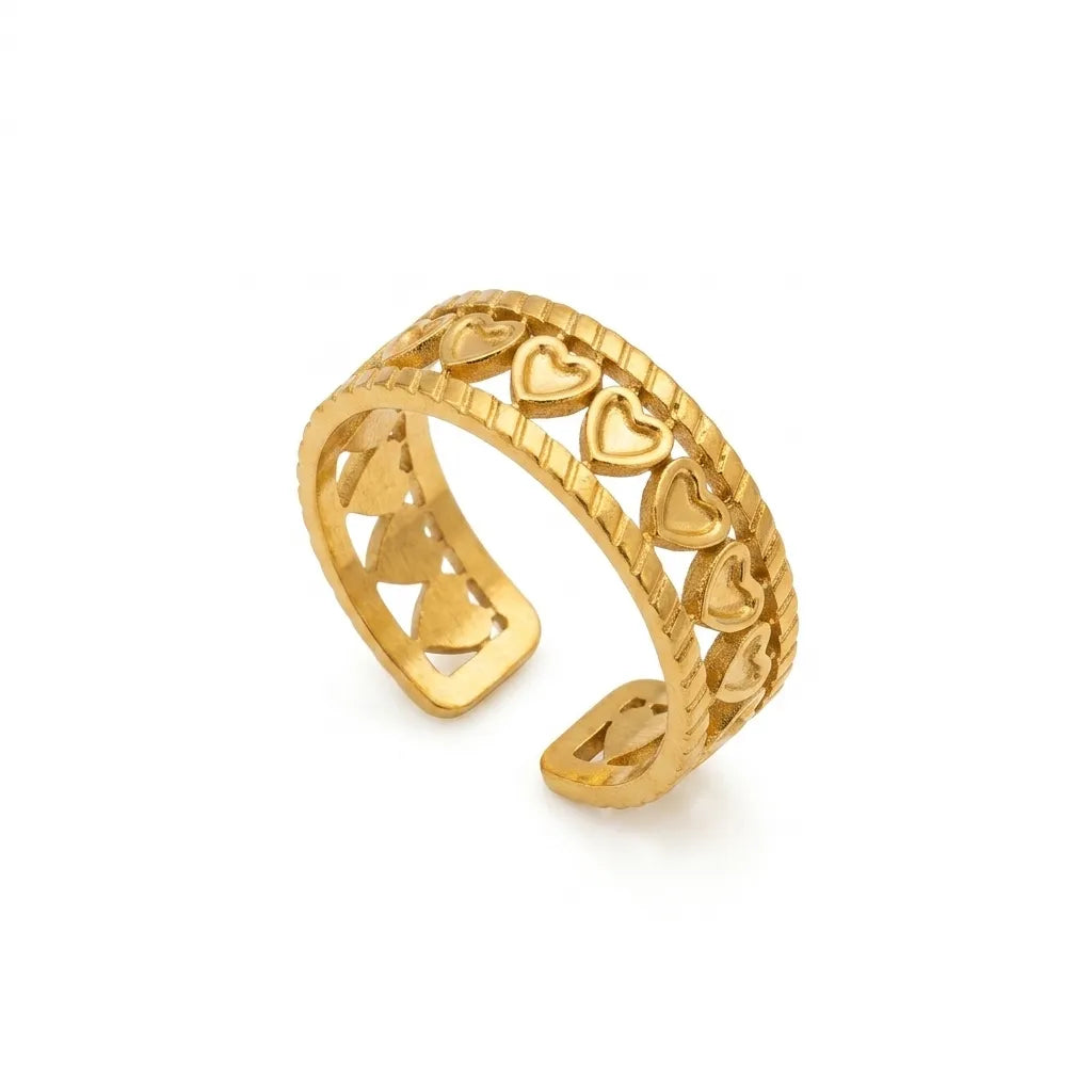 Marvel Silver gold-plated heart adjustable ring for women and girls featuring multiple open-heart motifs, an adjustable open band, and a premium polished gold finish.