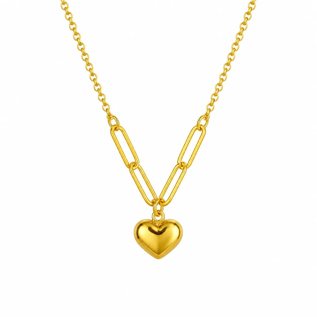 Marvel Silver gold-plated heart charm chain pendant for women and girls featuring a polished puffy heart with stylish paperclip chain accents and a premium minimalist design.