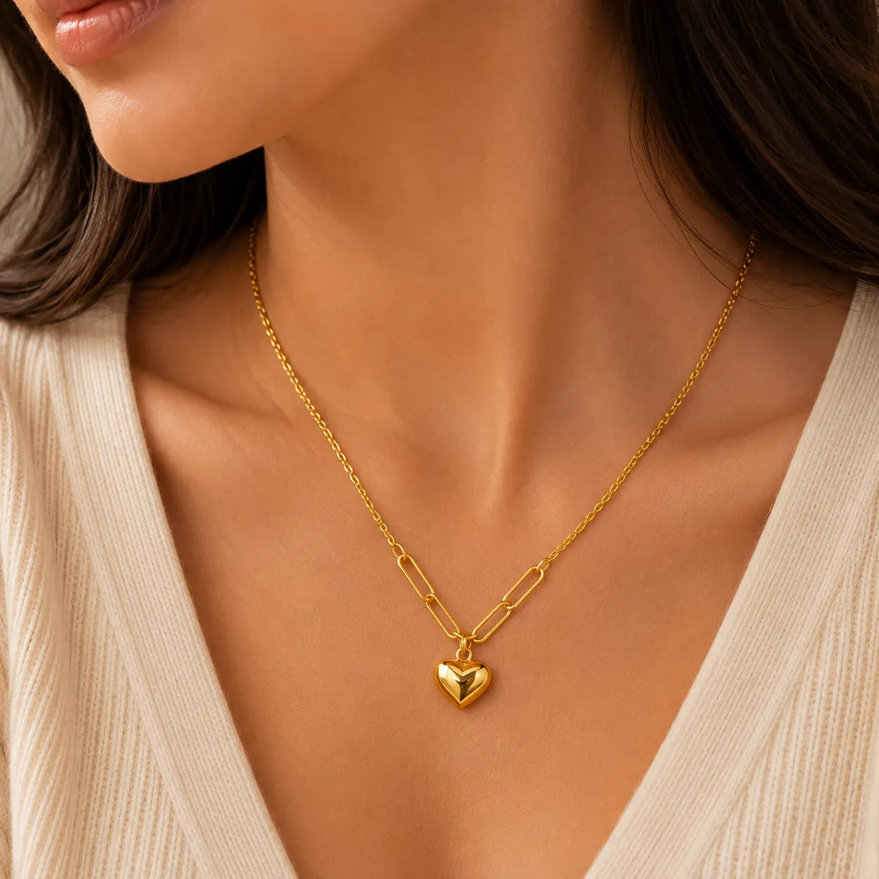 Marvel Silver gold-plated heart charm chain pendant for women and girls featuring a polished puffy heart with stylish paperclip chain accents and a premium minimalist design.