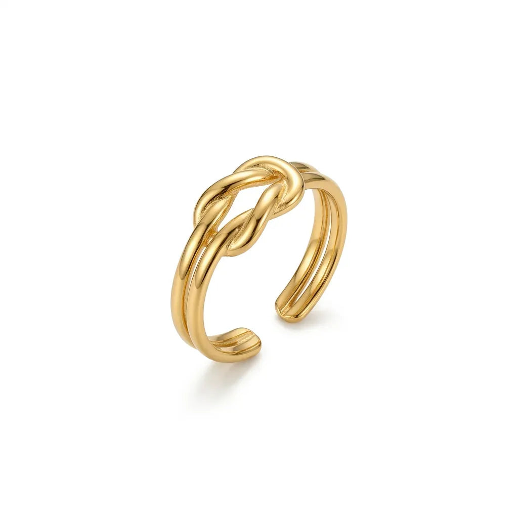 Marvel Silver gold-plated knot adjustable ring for women and girls featuring a modern intertwined knot design with a polished finish and an open adjustable band.