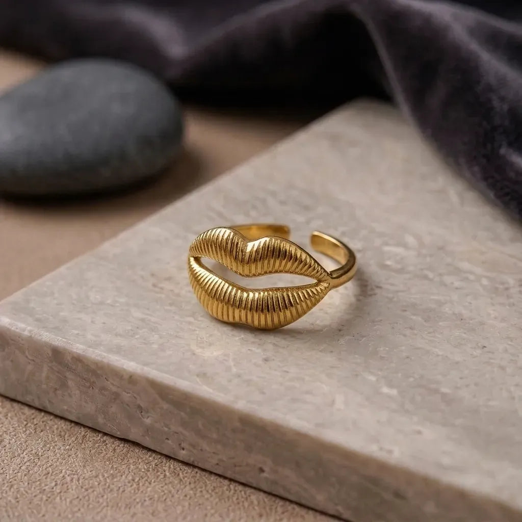 Marvel Silver gold-plated lip design ring for women and girls featuring a textured statement lip pattern with a premium polished finish, perfect for everyday and party wear.