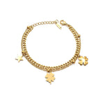 Marvel Silver gold-plated layered bracelet featuring elegant four-leaf clover charms, a star charm, dual-chain design, and an adjustable extension chain, perfect for women and girls for daily wear, parties, festive occasions, and gifting.